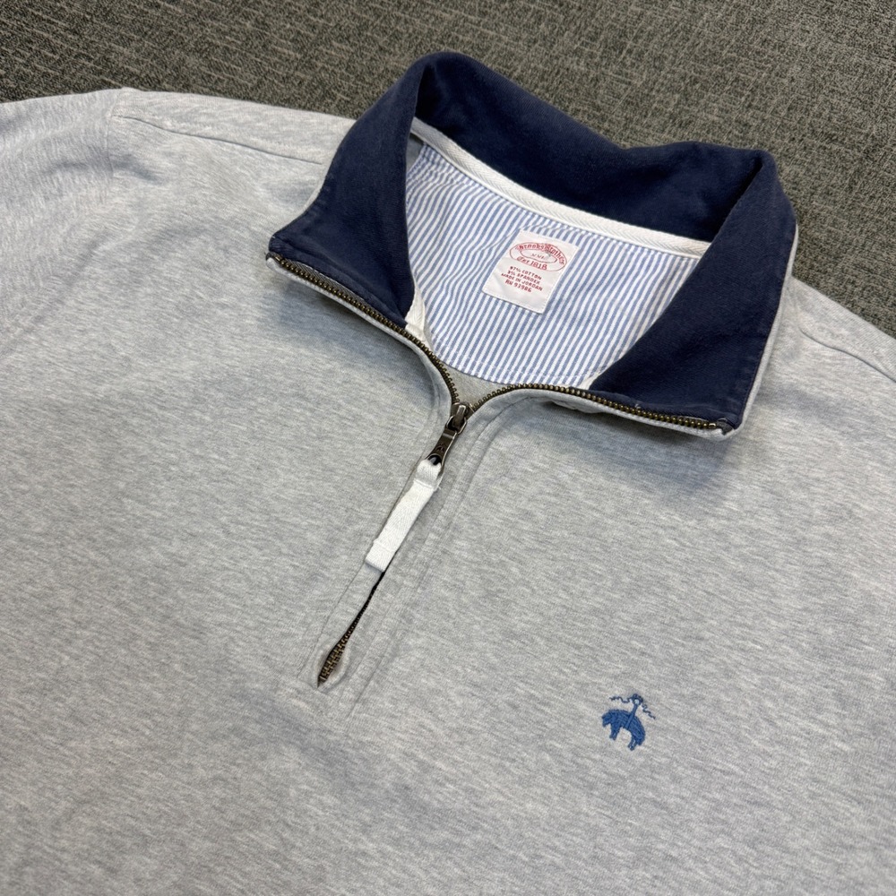 Brooks Brothers Quarter Zip Pullover Mens XXL Gray Sweatshirt Navy Collar Logo